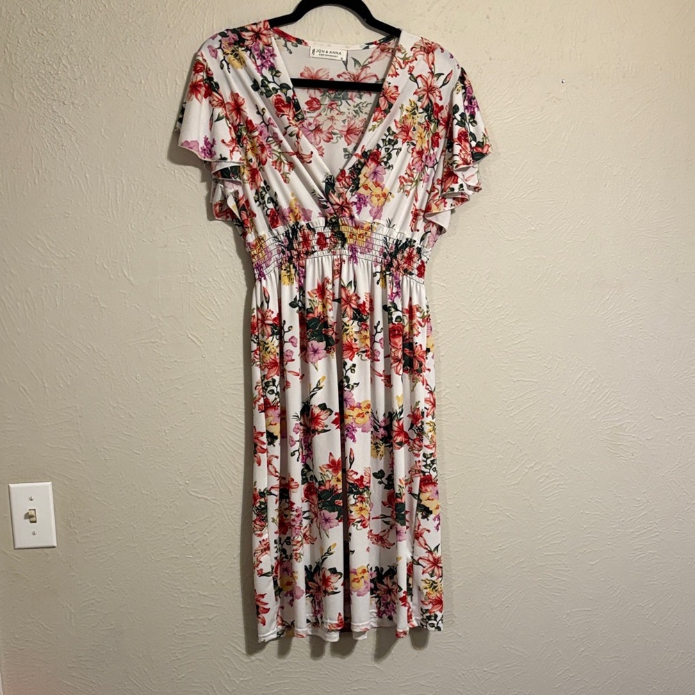 Jon & Anna Floral V-Neck Midi Dress - Multicolor on White